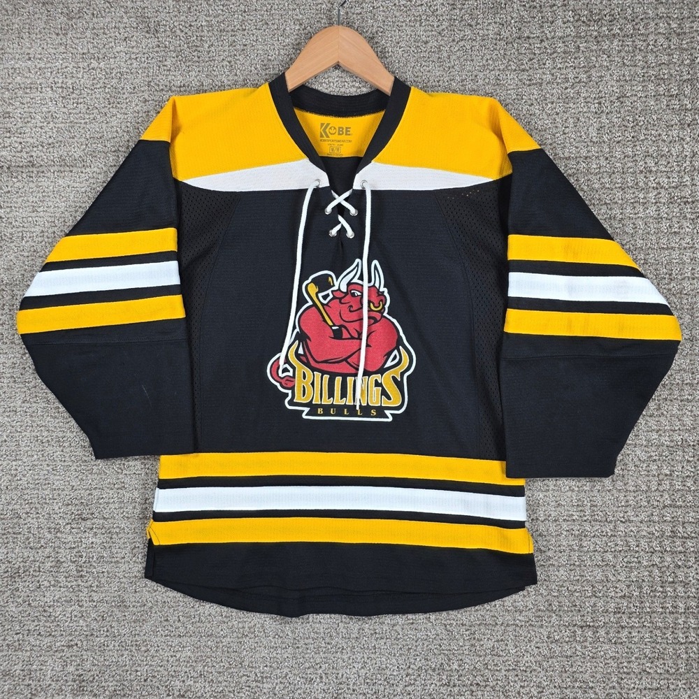 Billings Bulls Kobe Youth Hockey Jersey Black Yellow Lace Up V-Neck Size Medium